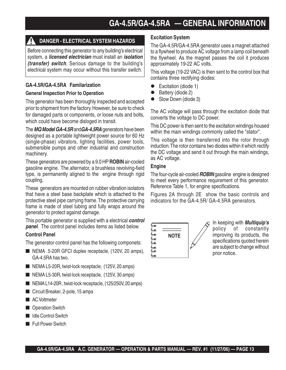 Ga-4.5r/ga-4.5ra — general information | Multiquip Portable AC Generator GA4.5R User Manual | Page 13 / 68