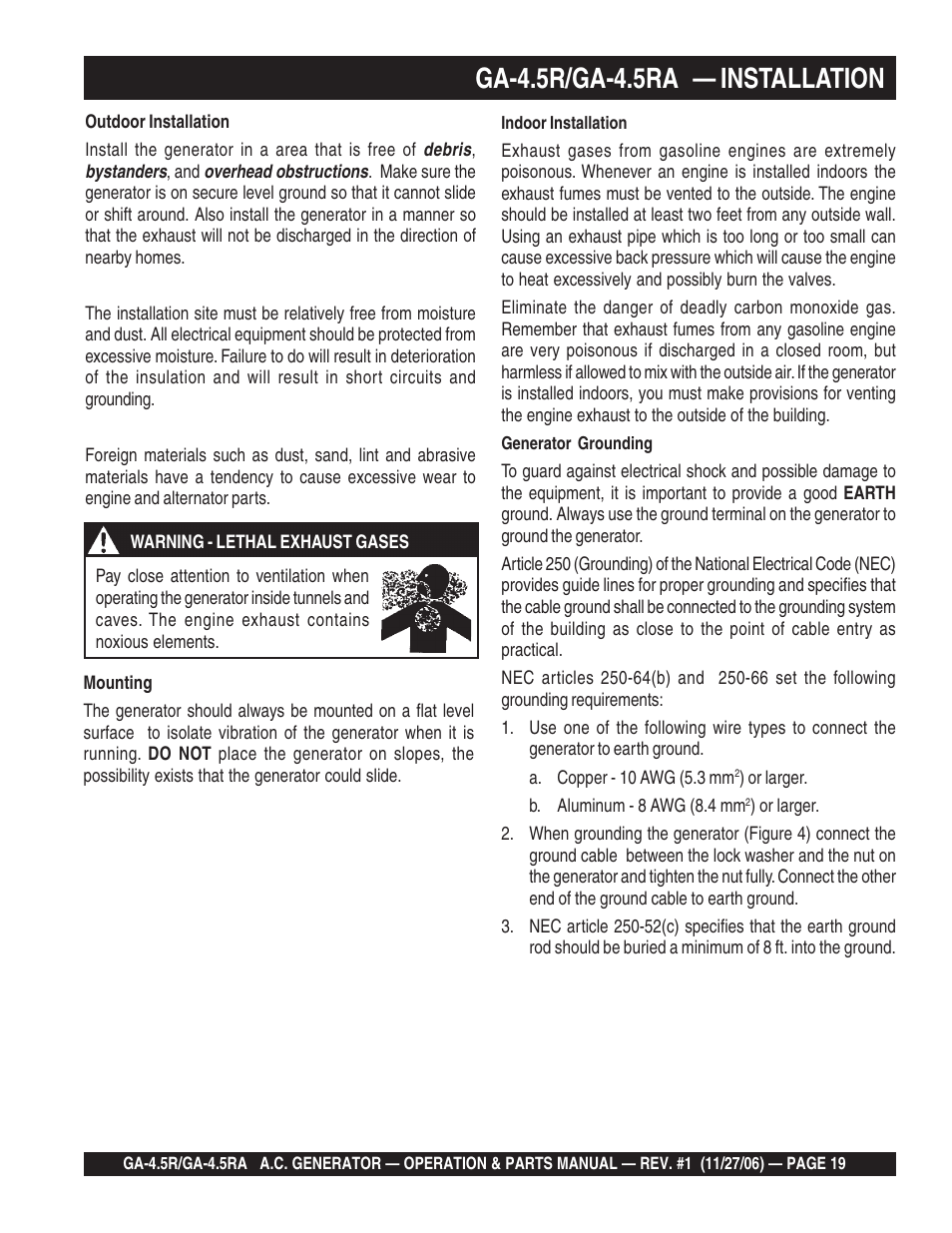 Ga-4.5r/ga-4.5ra — installation | Multiquip Portable AC Generator GA4.5R User Manual | Page 19 / 68