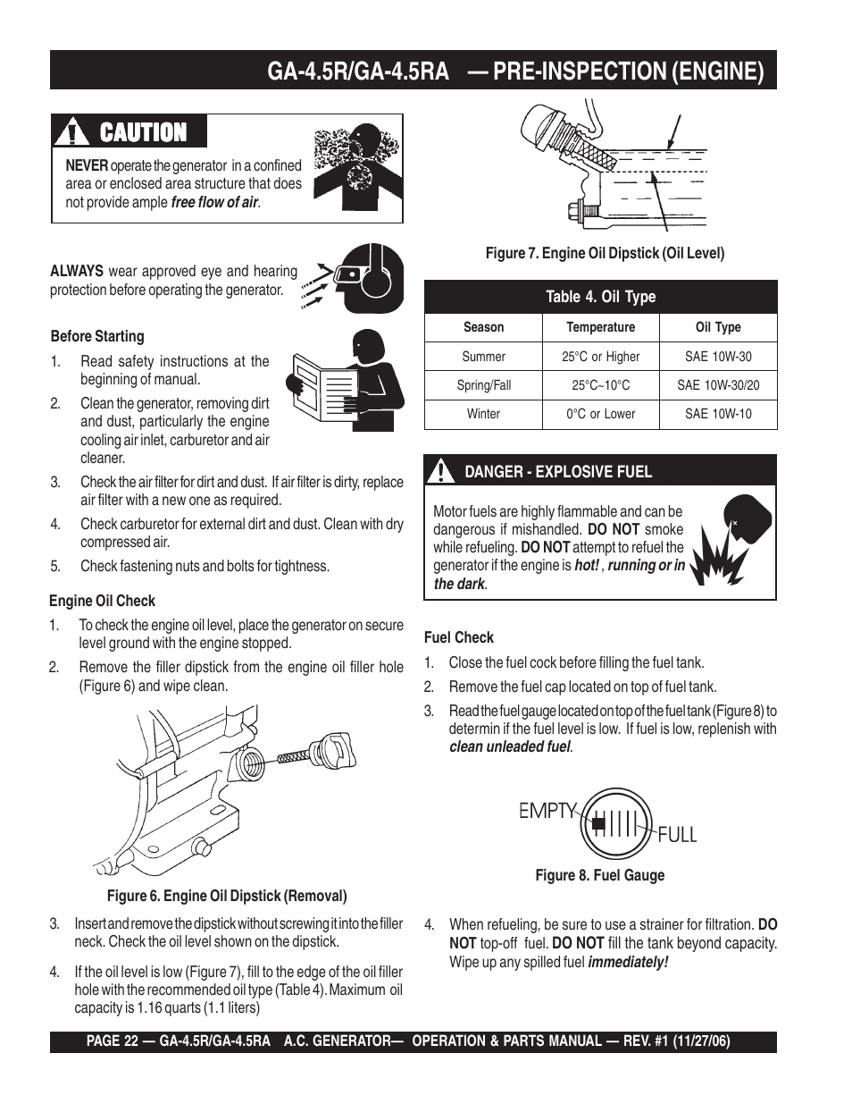 Ga-4.5r/ga-4.5ra — pre-inspection (engine), Caution | Multiquip Portable AC Generator GA4.5R User Manual | Page 22 / 68