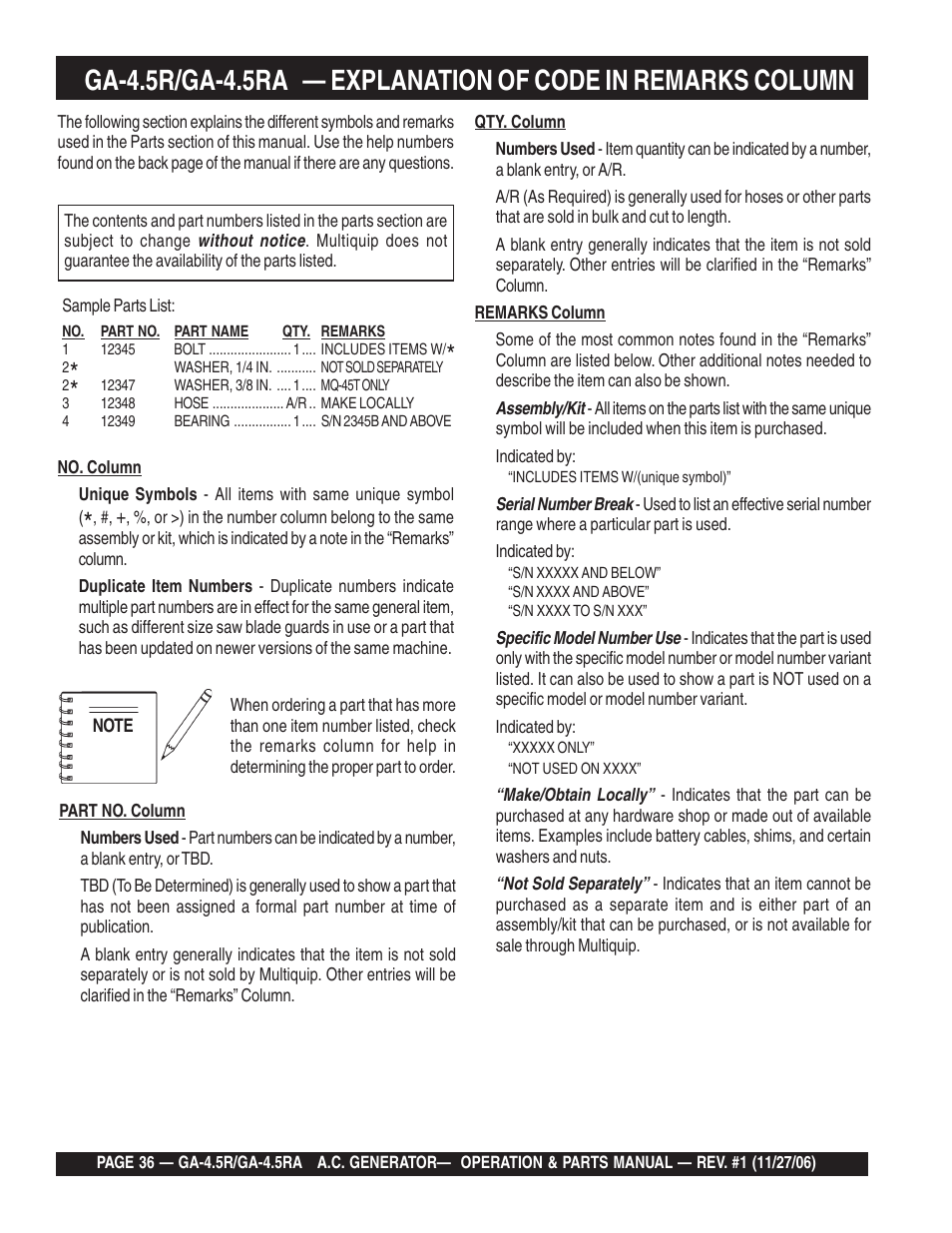 Multiquip Portable AC Generator GA4.5R User Manual | Page 36 / 68