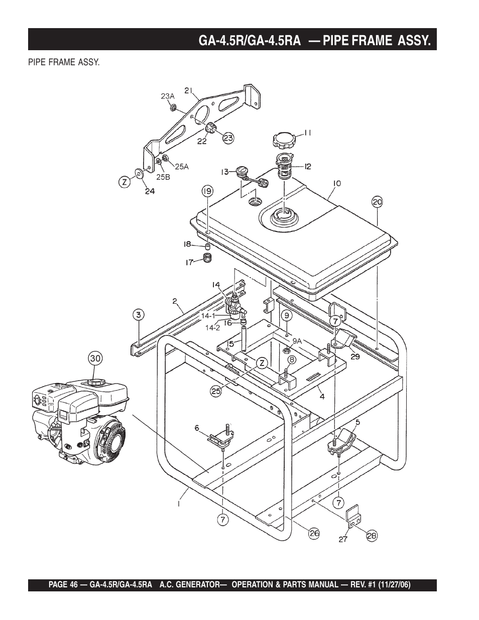 Ga-4.5r/ga-4.5ra — pipe frame assy | Multiquip Portable AC Generator GA4.5R User Manual | Page 46 / 68