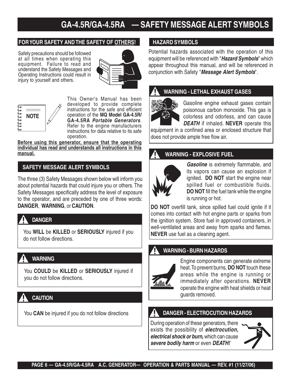 Ga-4.5r/ga-4.5ra — safety message alert symbols | Multiquip Portable AC Generator GA4.5R User Manual | Page 6 / 68