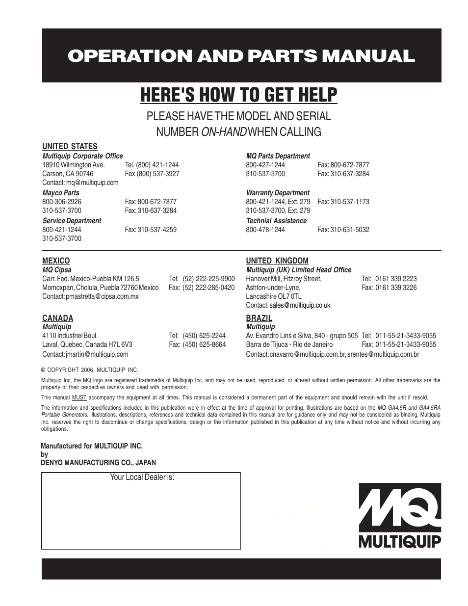 Here's how to get help, Operation and parts manual, On-hand | Please have the model and serial number, When calling | Multiquip Portable AC Generator GA4.5R User Manual | Page 68 / 68