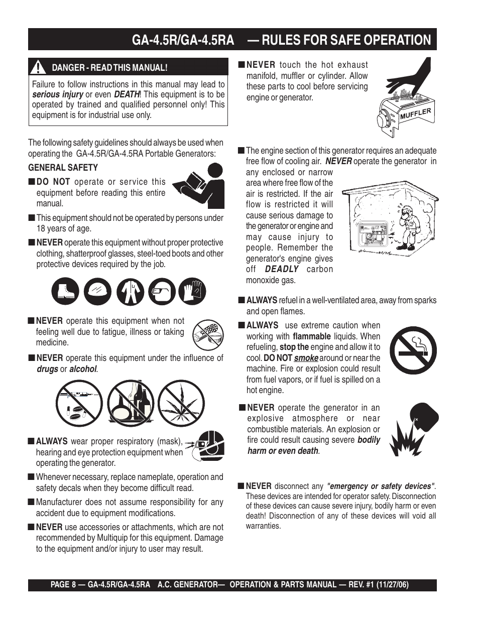 Ga-4.5r/ga-4.5ra — rules for safe operation | Multiquip Portable AC Generator GA4.5R User Manual | Page 8 / 68