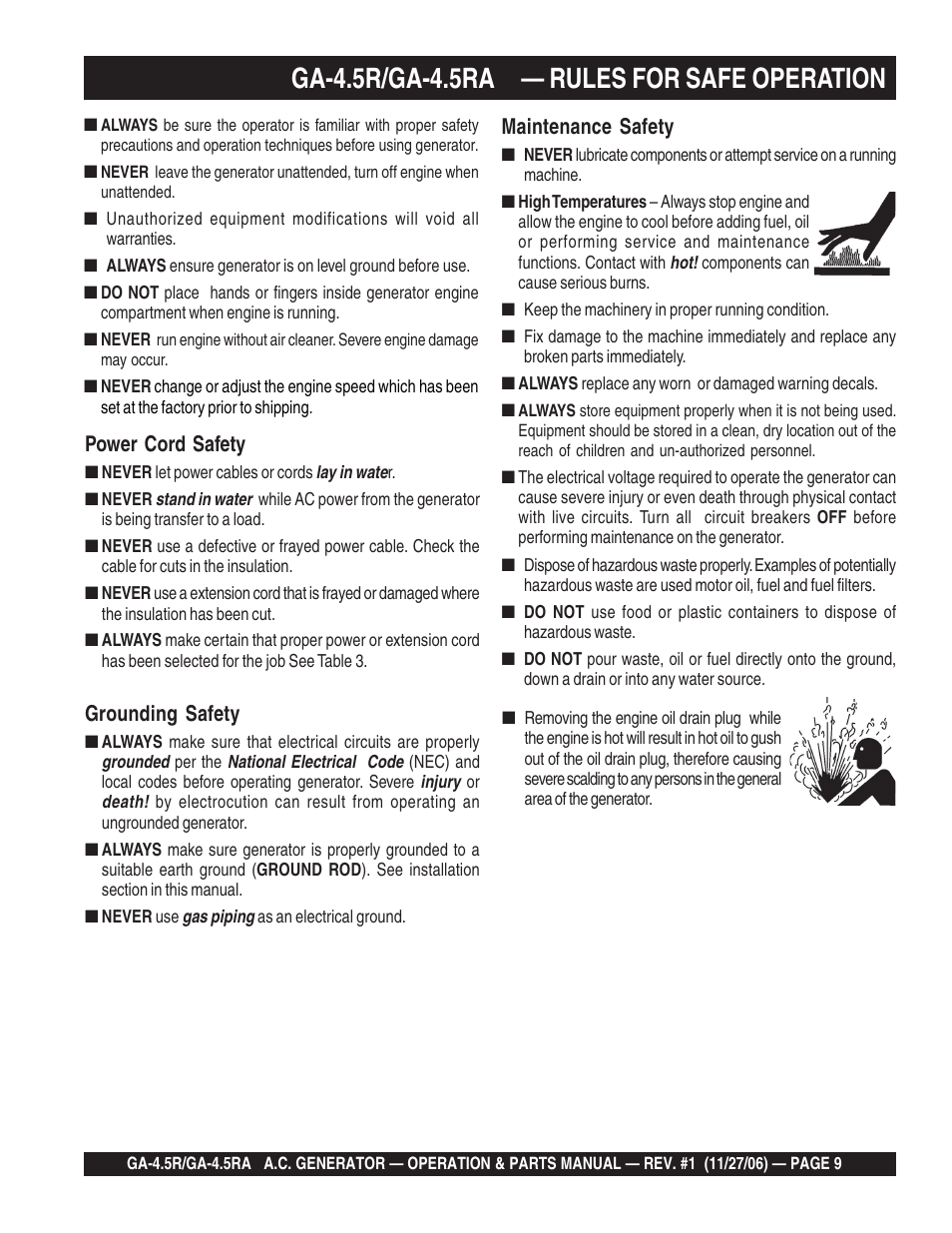 Ga-4.5r/ga-4.5ra — rules for safe operation, Power cord safety, Grounding safety | Maintenance safety | Multiquip Portable AC Generator GA4.5R User Manual | Page 9 / 68