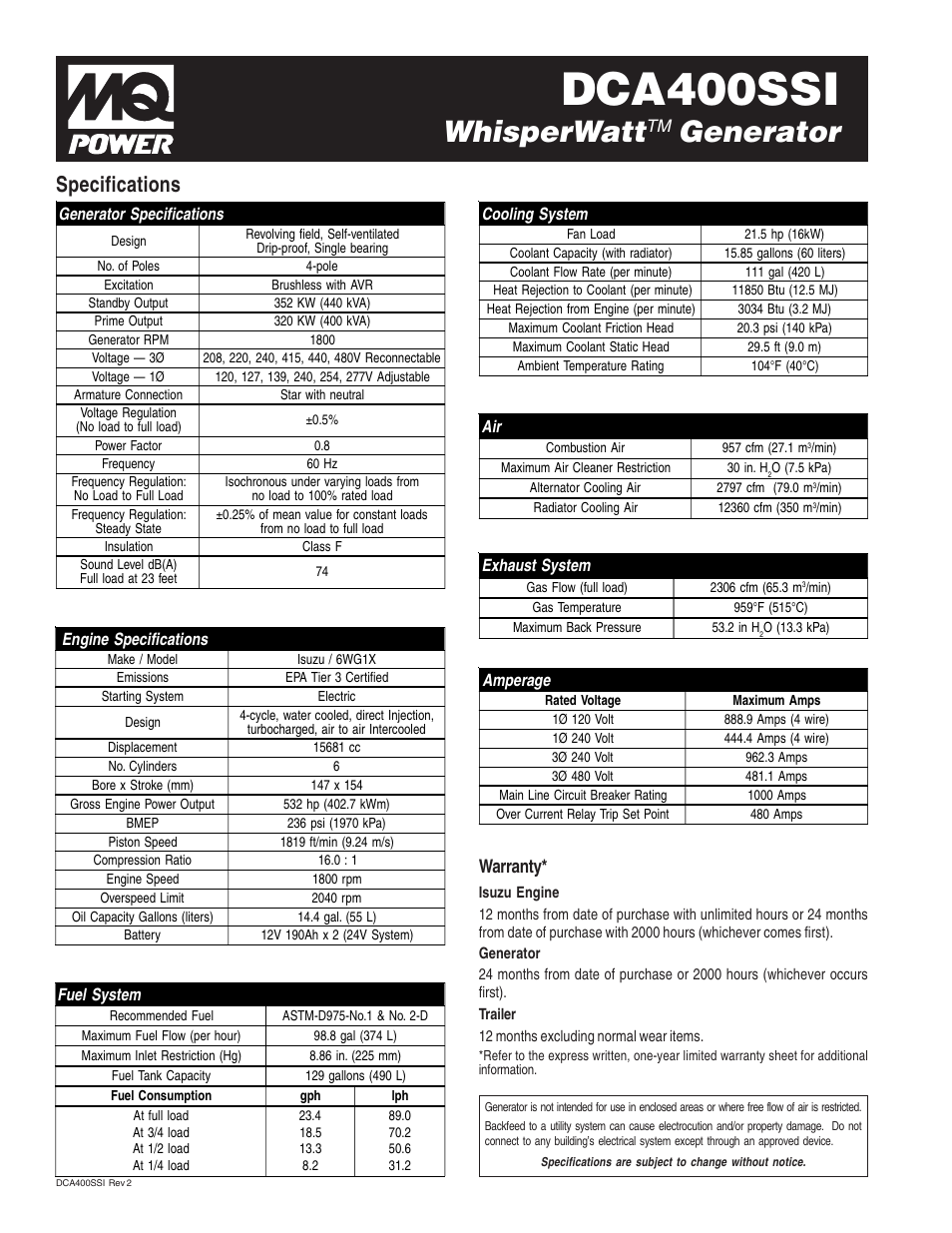 Dca400ssi, Whisperwatt, Generator | Specifications, Warranty, Engine specifications, Fuel system, Exhaust system, Amperage | Multiquip WhisperWatt(TM) 400 DCA400SSI User Manual | Page 2 / 4
