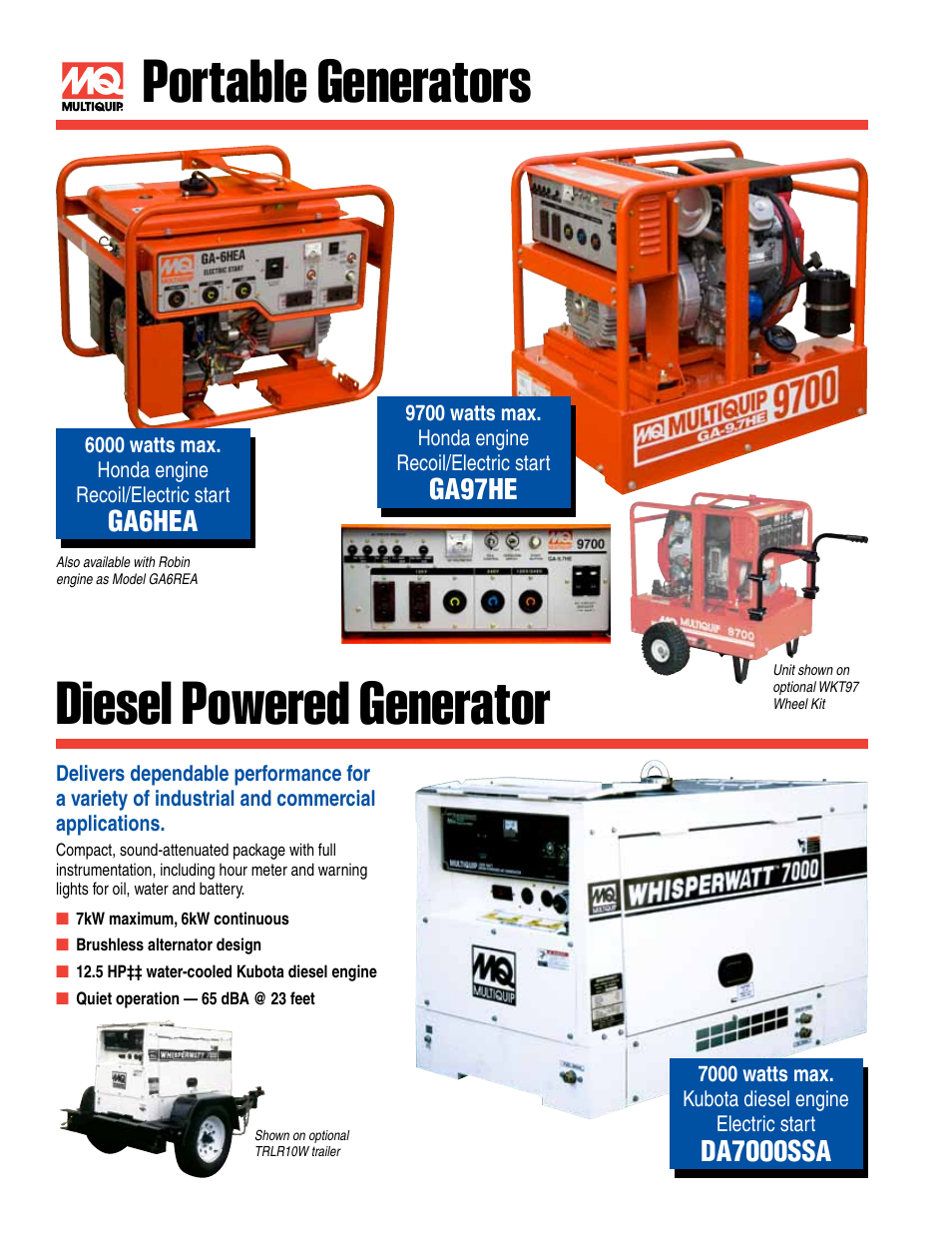 Portable generators diesel powered generator, Ga6hea, Da7000ssa | Ga97he | Multiquip Generators and Welders SDW225SSA User Manual | Page 4 / 8