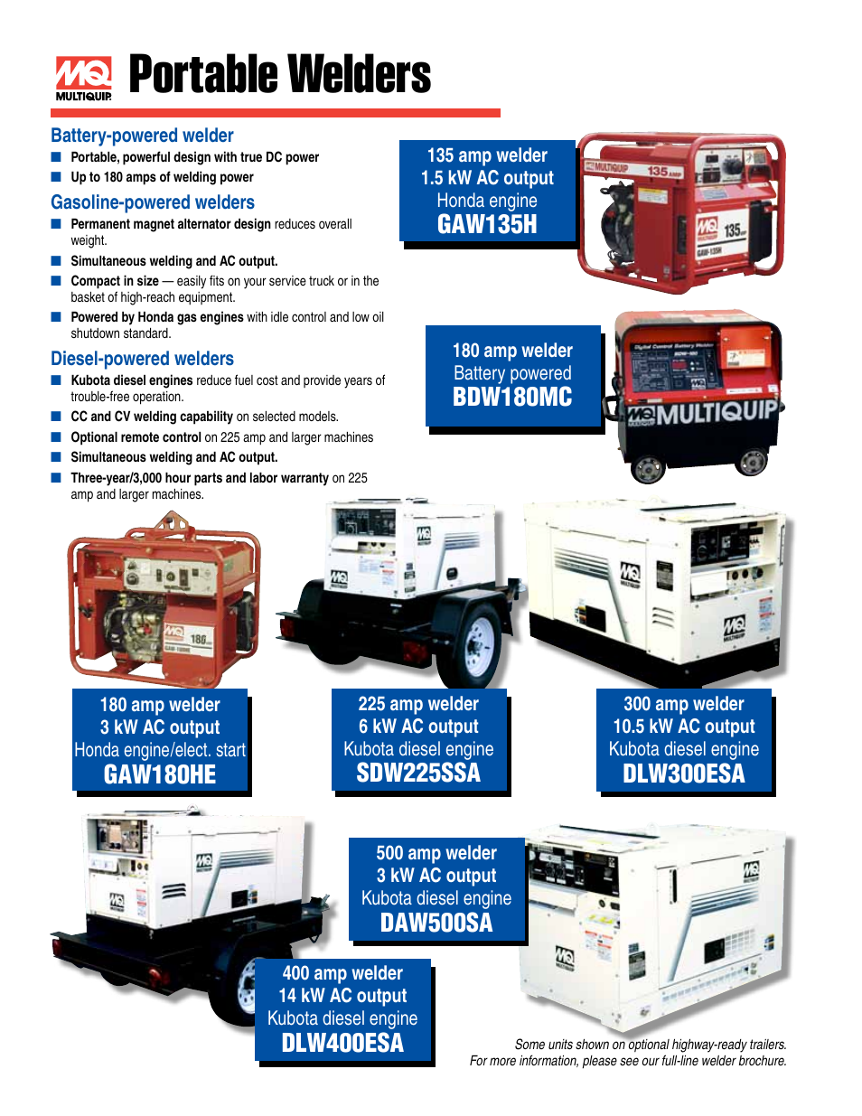 Portable welders, Gaw135h, Bdw180mc | Sdw225ssa, Dlw300esa, Dlw400esa, Daw500sa, Gaw180he | Multiquip Generators and Welders SDW225SSA User Manual | Page 6 / 8