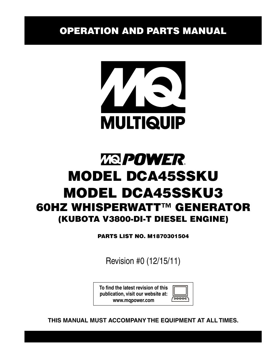 Multiquip 60Hz Whisperwatt Generator DCA45SSKU3 User Manual | 78 pages