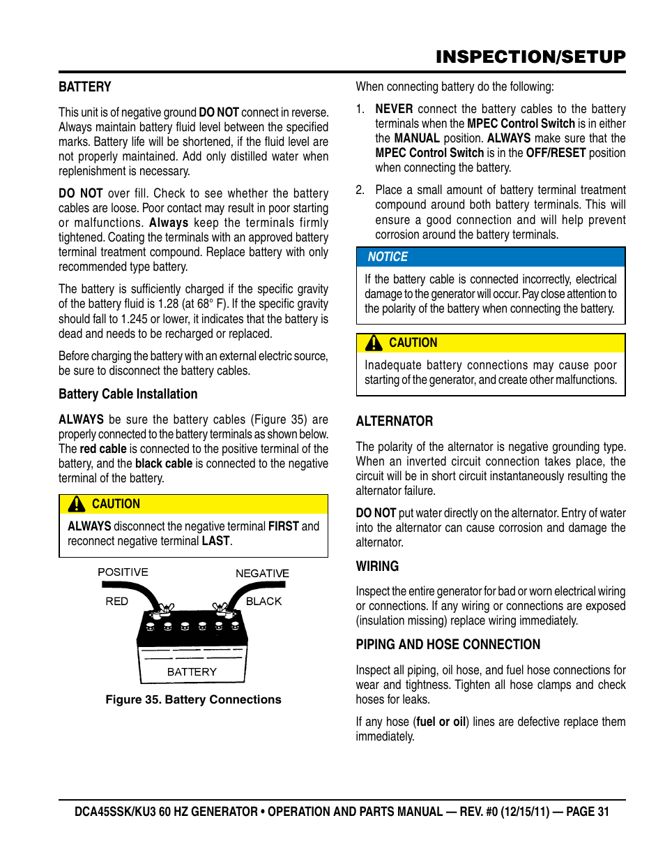 Inspection/setup | Multiquip 60Hz Whisperwatt Generator DCA45SSKU3 User Manual | Page 31 / 78