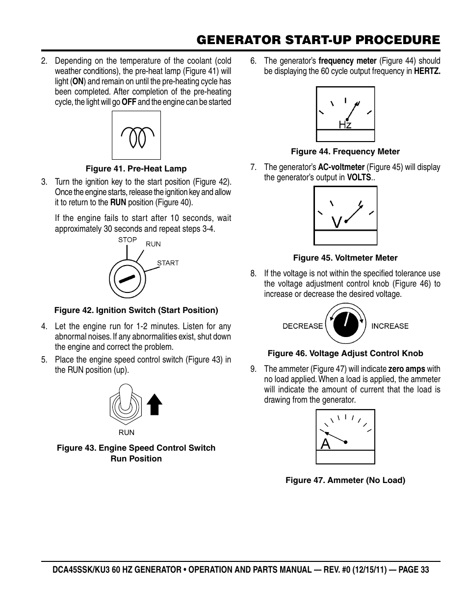 Generator start-up procedure | Multiquip 60Hz Whisperwatt Generator DCA45SSKU3 User Manual | Page 33 / 78