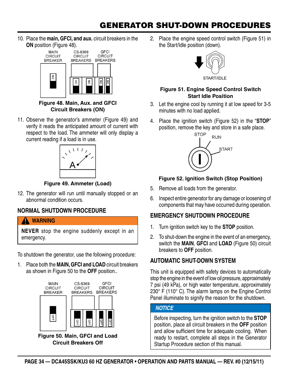 Generator shut-down procedures | Multiquip 60Hz Whisperwatt Generator DCA45SSKU3 User Manual | Page 34 / 78