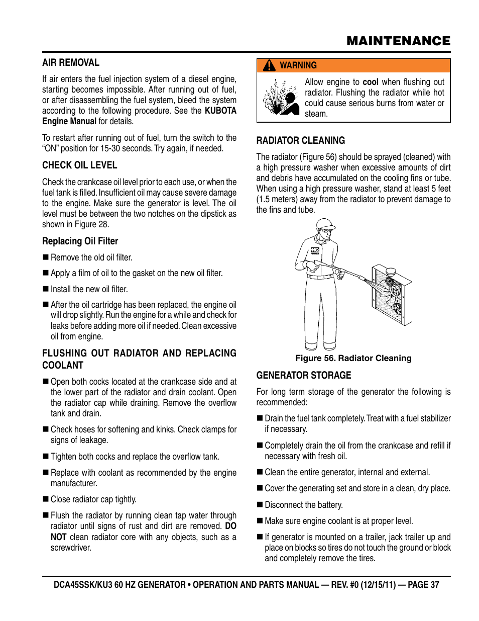Maintenance | Multiquip 60Hz Whisperwatt Generator DCA45SSKU3 User Manual | Page 37 / 78