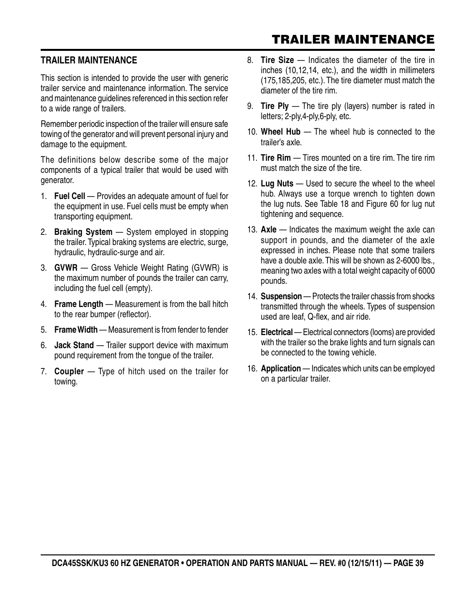 Trailer maintenance | Multiquip 60Hz Whisperwatt Generator DCA45SSKU3 User Manual | Page 39 / 78
