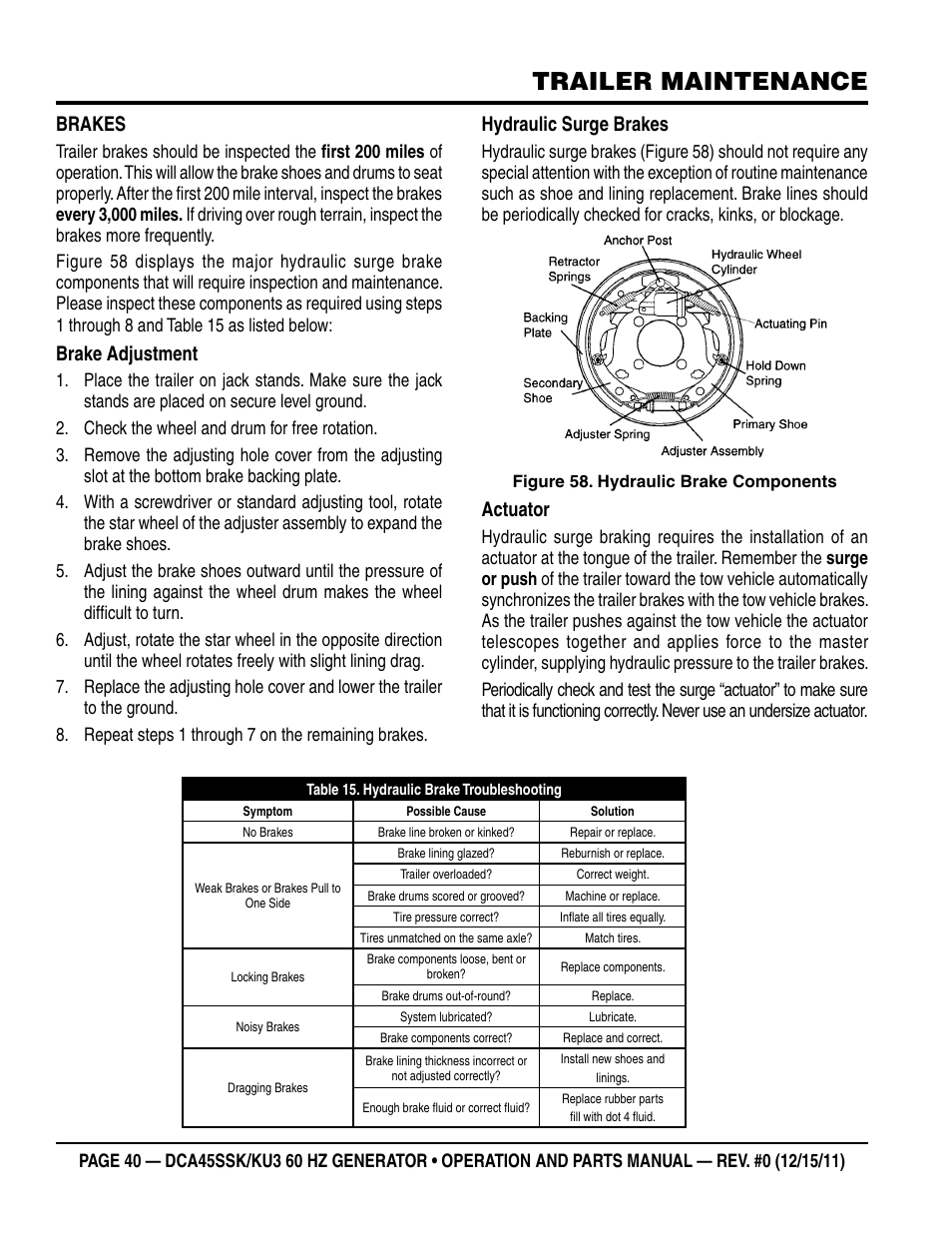 Trailer maintenance, Brakes, Brake adjustment | Hydraulic surge brakes, Actuator | Multiquip 60Hz Whisperwatt Generator DCA45SSKU3 User Manual | Page 40 / 78