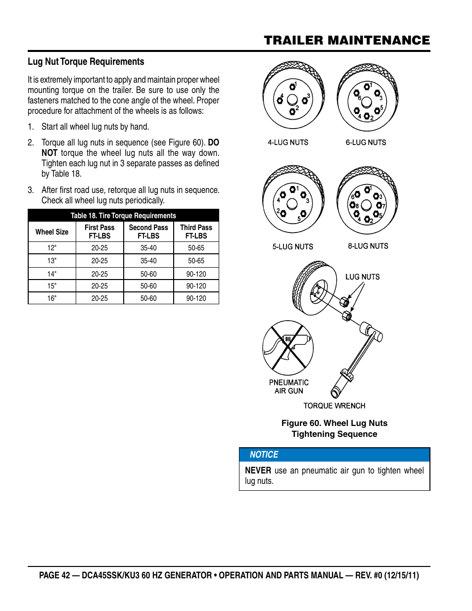 Trailer maintenance, Lug nut torque requirements | Multiquip 60Hz Whisperwatt Generator DCA45SSKU3 User Manual | Page 42 / 78