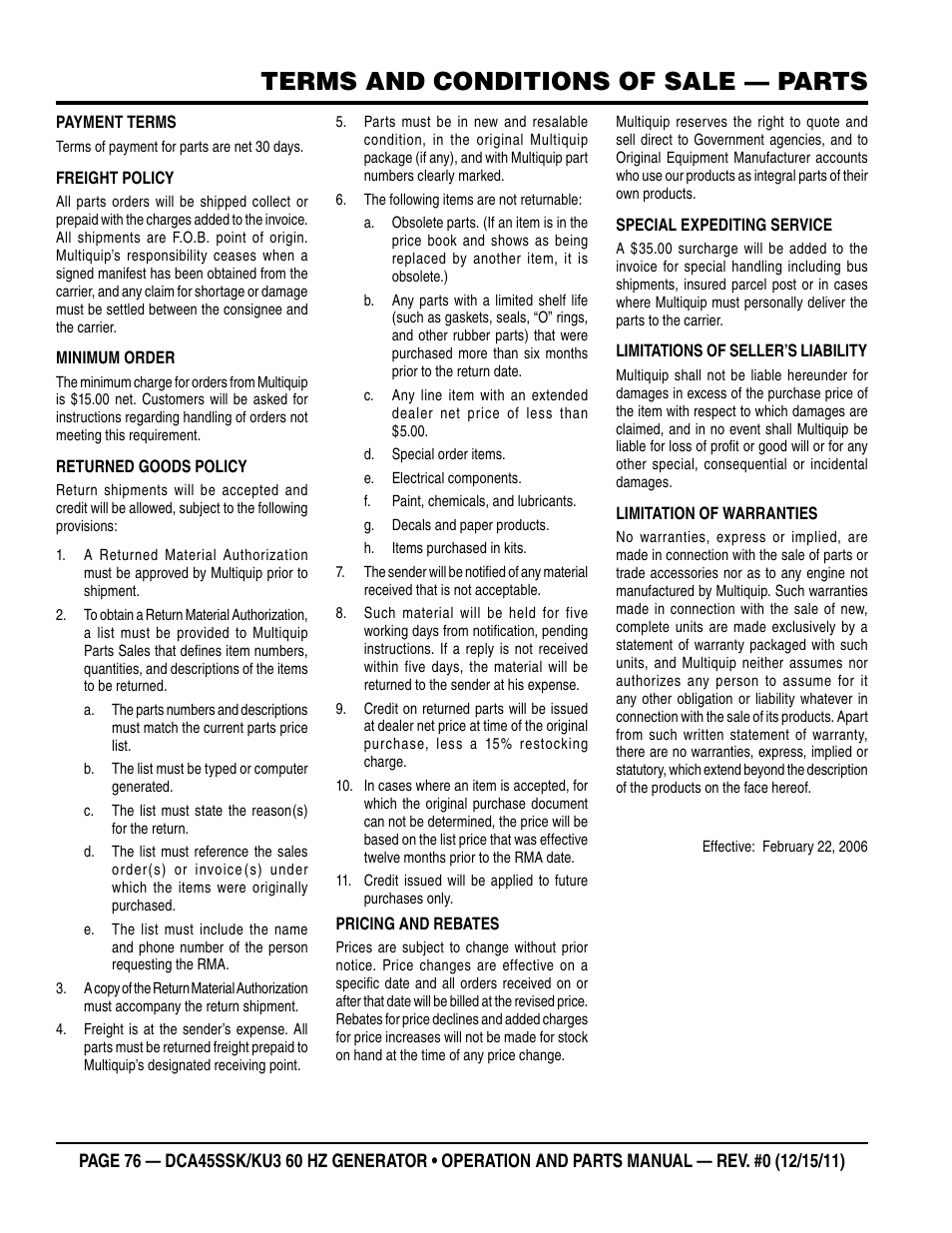 Terms and conditions of sale — parts | Multiquip 60Hz Whisperwatt Generator DCA45SSKU3 User Manual | Page 76 / 78