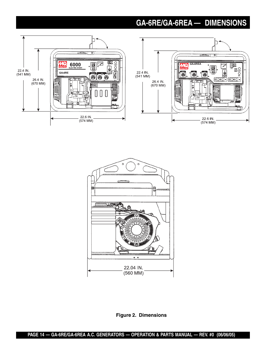 Ga-6re/ga-6rea — dimensions | Multiquip Portable Generators GA-6RE User Manual | Page 14 / 76