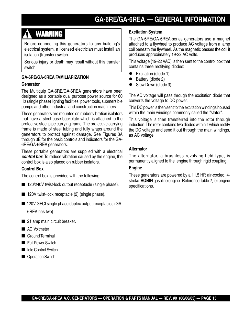 Ga-6re/ga-6rea — general information, Warning | Multiquip Portable Generators GA-6RE User Manual | Page 15 / 76