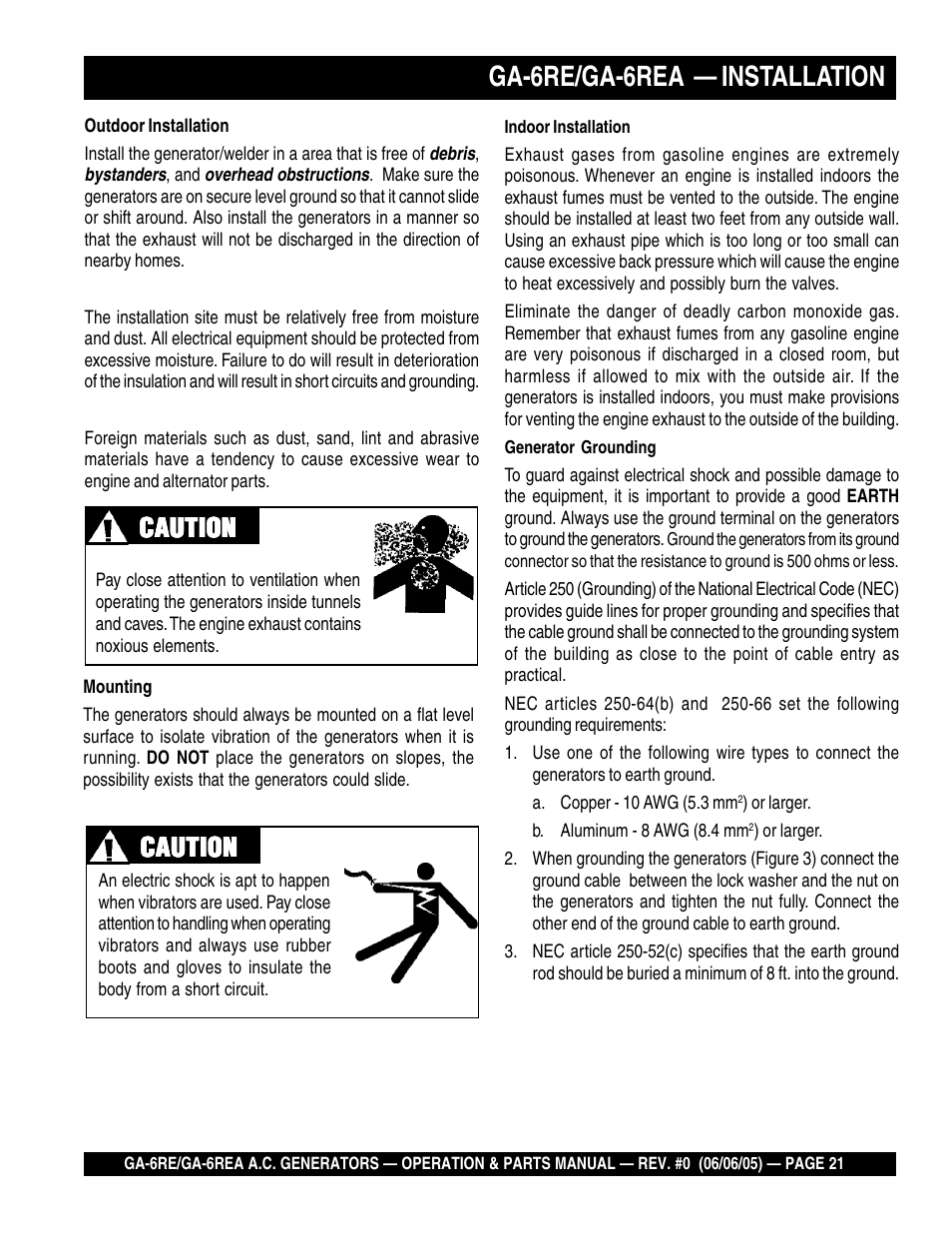Ga-6re/ga-6rea — installation, Caution | Multiquip Portable Generators GA-6RE User Manual | Page 21 / 76