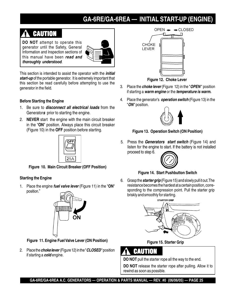 Ga-6re/ga-6rea — initial start-up (engine), Caution | Multiquip Portable Generators GA-6RE User Manual | Page 25 / 76