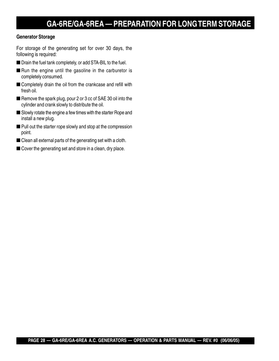 Ga-6re/ga-6rea — preparation for long term storage | Multiquip Portable Generators GA-6RE User Manual | Page 28 / 76