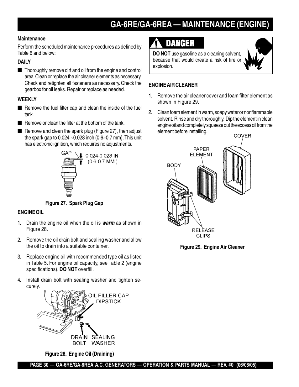 Ga-6re/ga-6rea — maintenance (engine), Danger | Multiquip Portable Generators GA-6RE User Manual | Page 30 / 76
