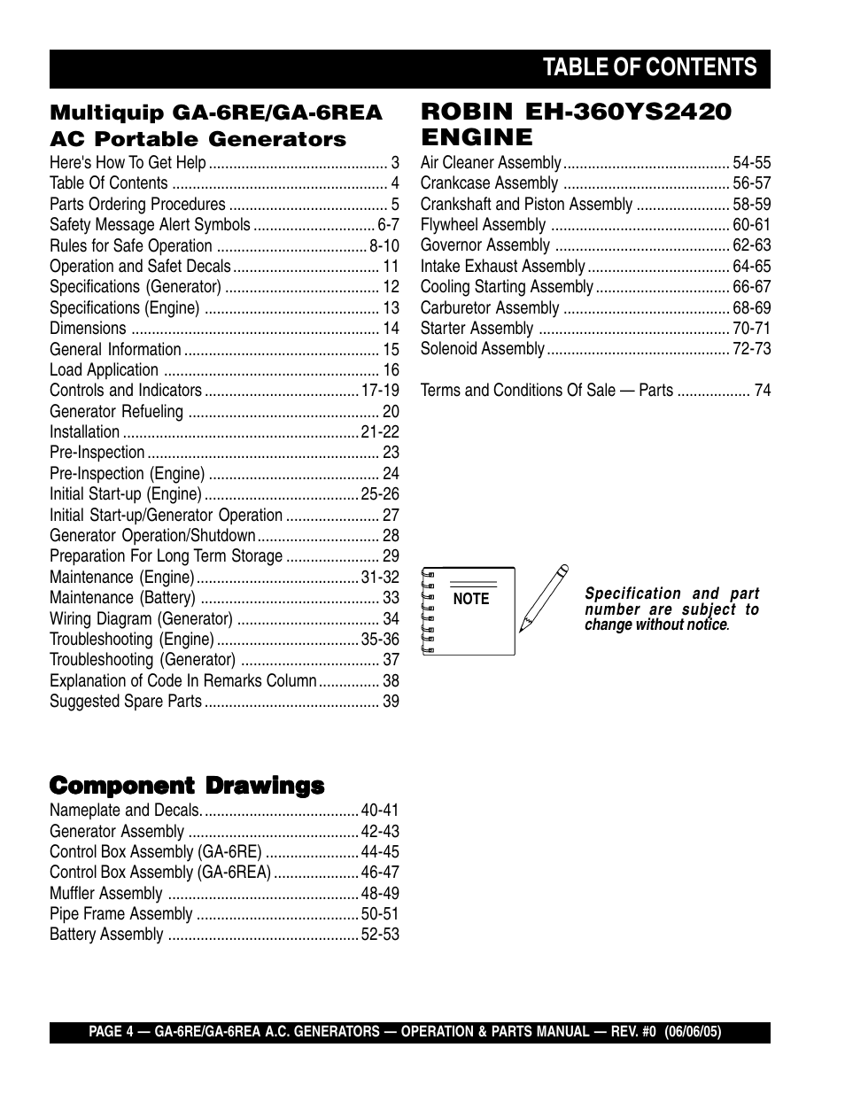 Multiquip Portable Generators GA-6RE User Manual | Page 4 / 76