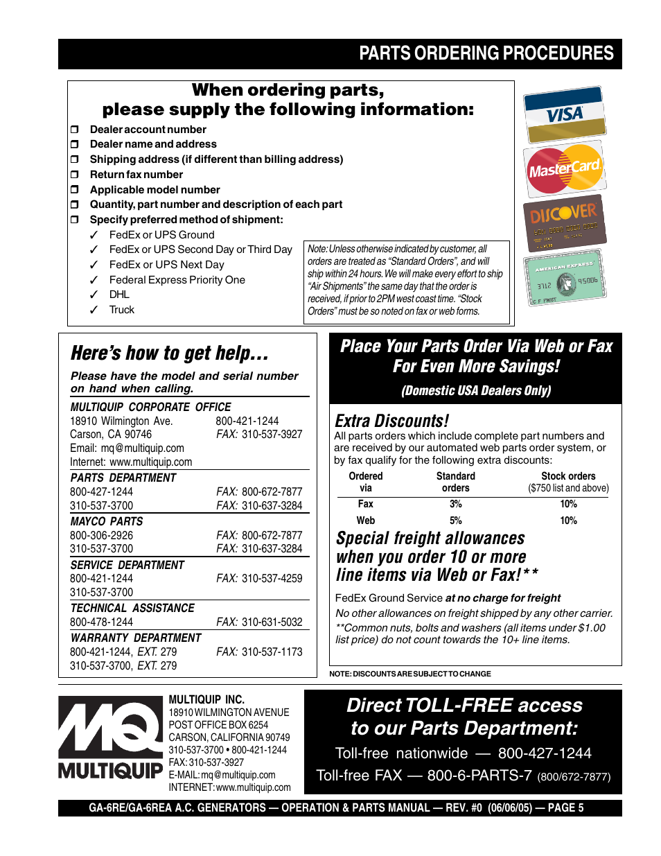 Direct toll-free access to our parts department, Here’s how to get help, Parts ordering procedures | Extra discounts | Multiquip Portable Generators GA-6RE User Manual | Page 5 / 76