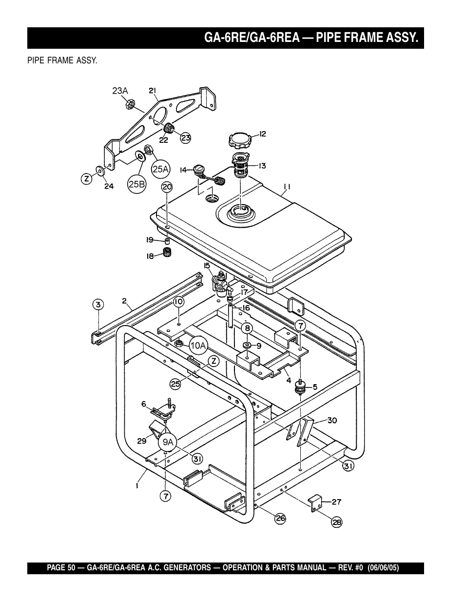 Ga-6re/ga-6rea — pipe frame assy | Multiquip Portable Generators GA-6RE User Manual | Page 50 / 76