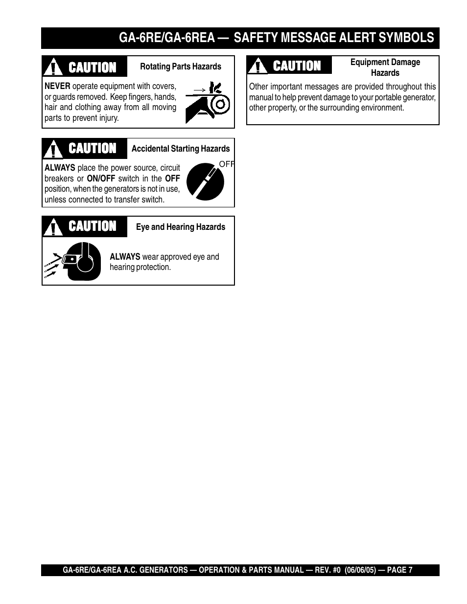 Ga-6re/ga-6rea — safety message alert symbols | Multiquip Portable Generators GA-6RE User Manual | Page 7 / 76