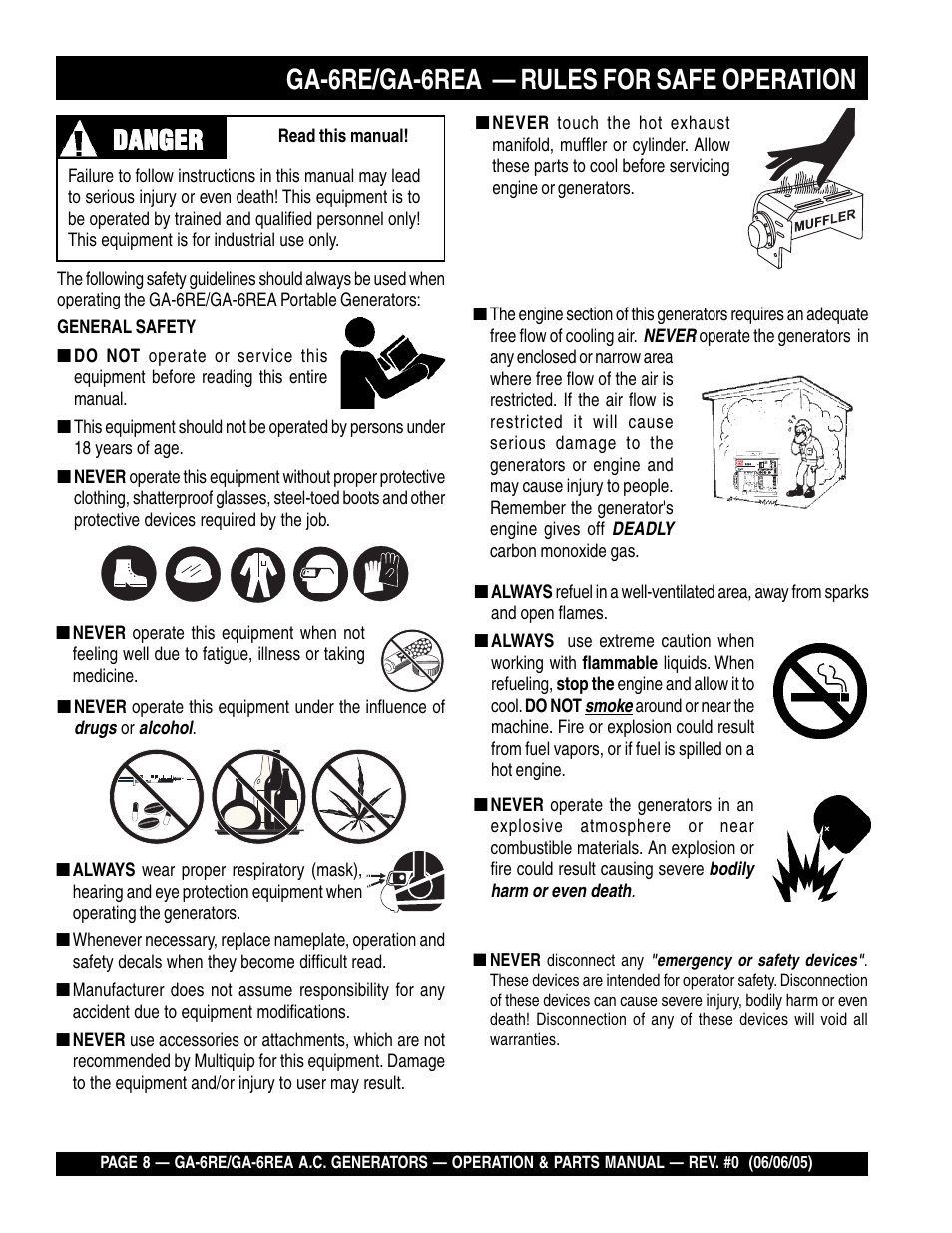 Ga-6re/ga-6rea — rules for safe operation, Danger | Multiquip Portable Generators GA-6RE User Manual | Page 8 / 76