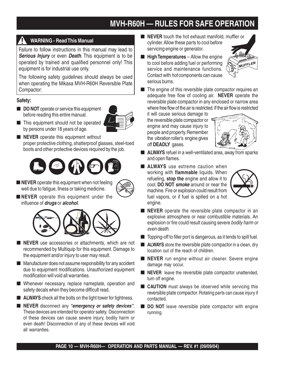 Lmvh-r60h — rules for safe operation | Multiquip Mikasa Reversable Plate Compator MVH-R60H User Manual | Page 10 / 80