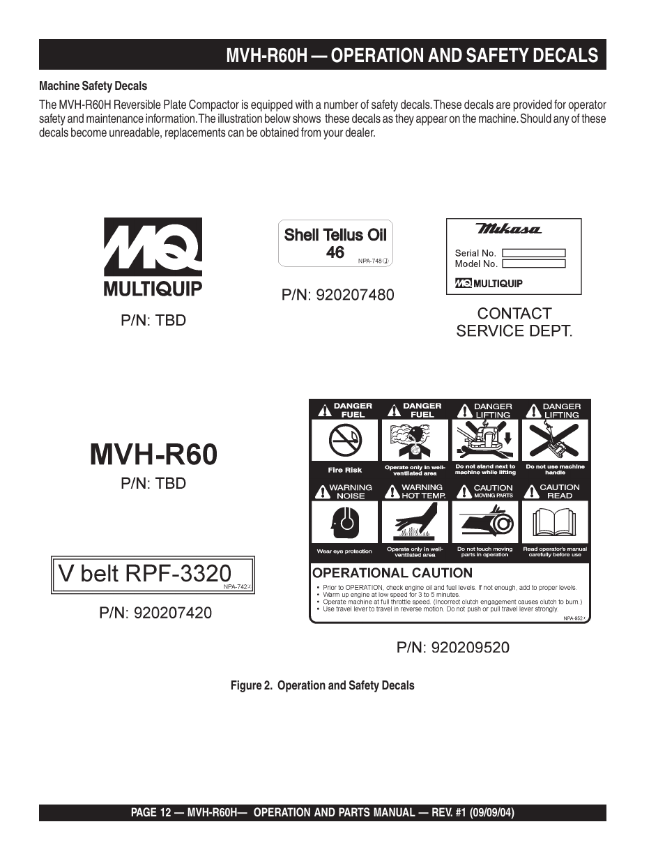 Mvh-r60h — operation and safety decals | Multiquip Mikasa Reversable Plate Compator MVH-R60H User Manual | Page 12 / 80