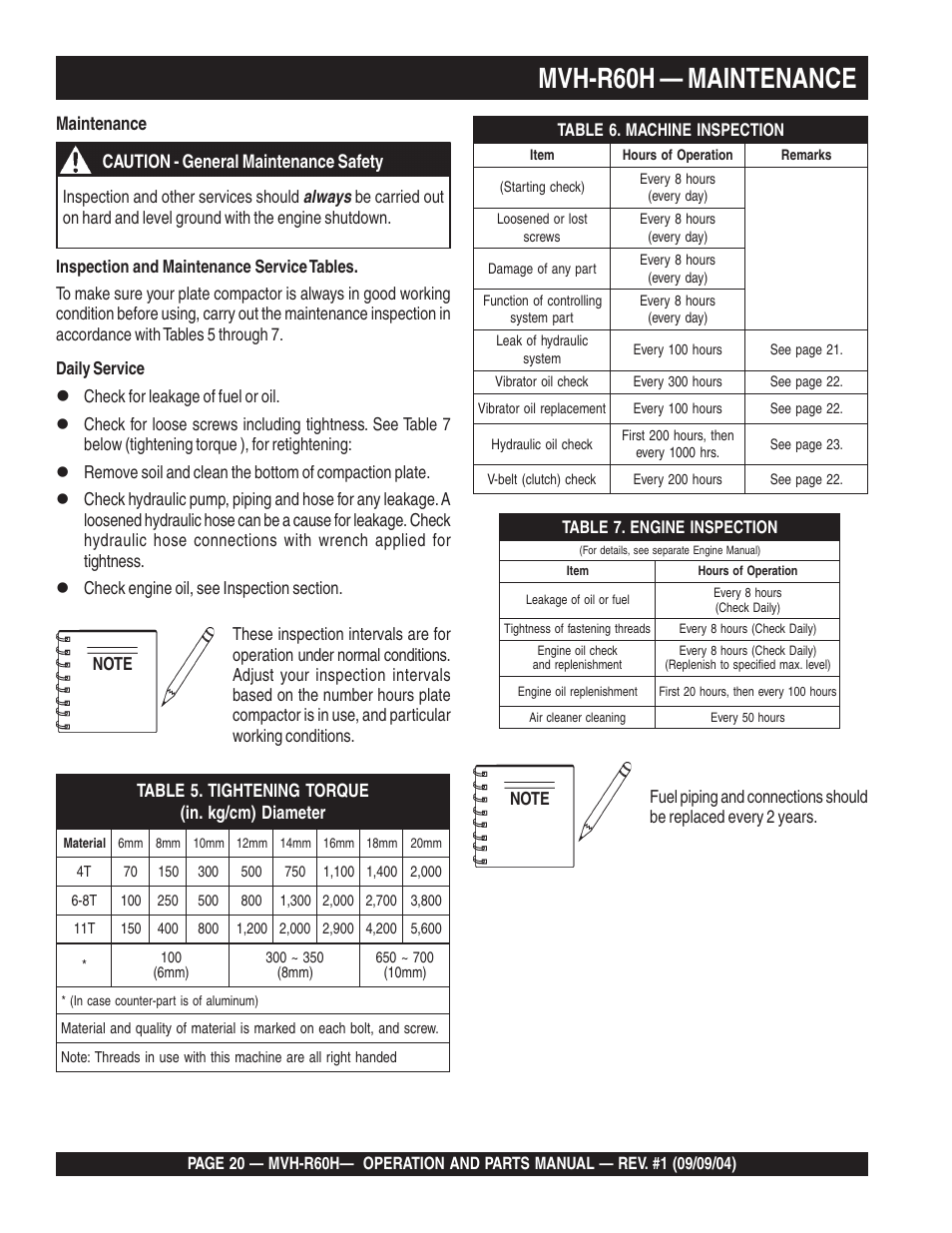 Lmvh-r60h — maintenance, Caution - general maintenance safety maintenance, Always | Multiquip Mikasa Reversable Plate Compator MVH-R60H User Manual | Page 20 / 80