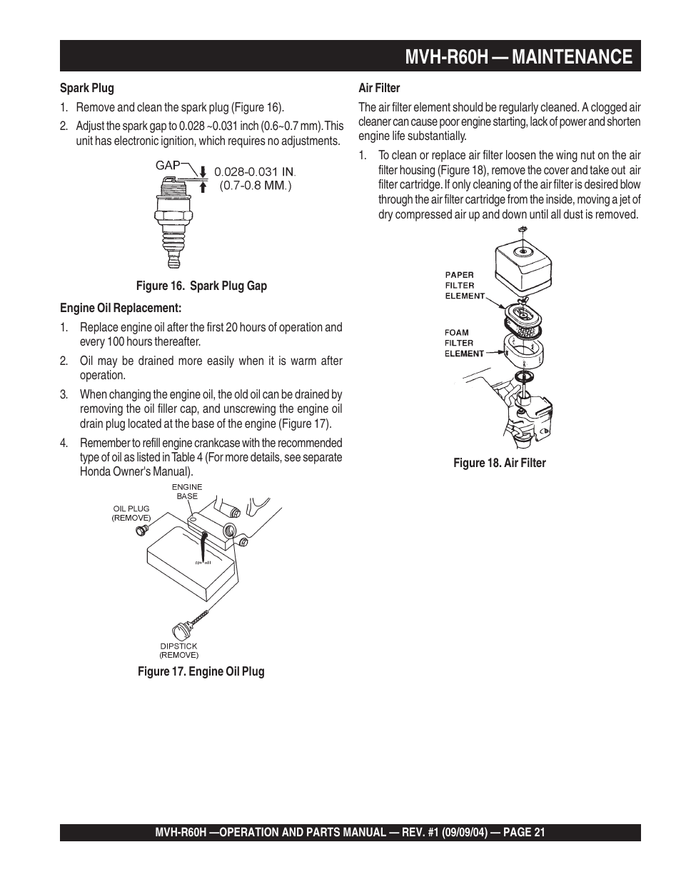 Mvh-r60h — maintenance | Multiquip Mikasa Reversable Plate Compator MVH-R60H User Manual | Page 21 / 80