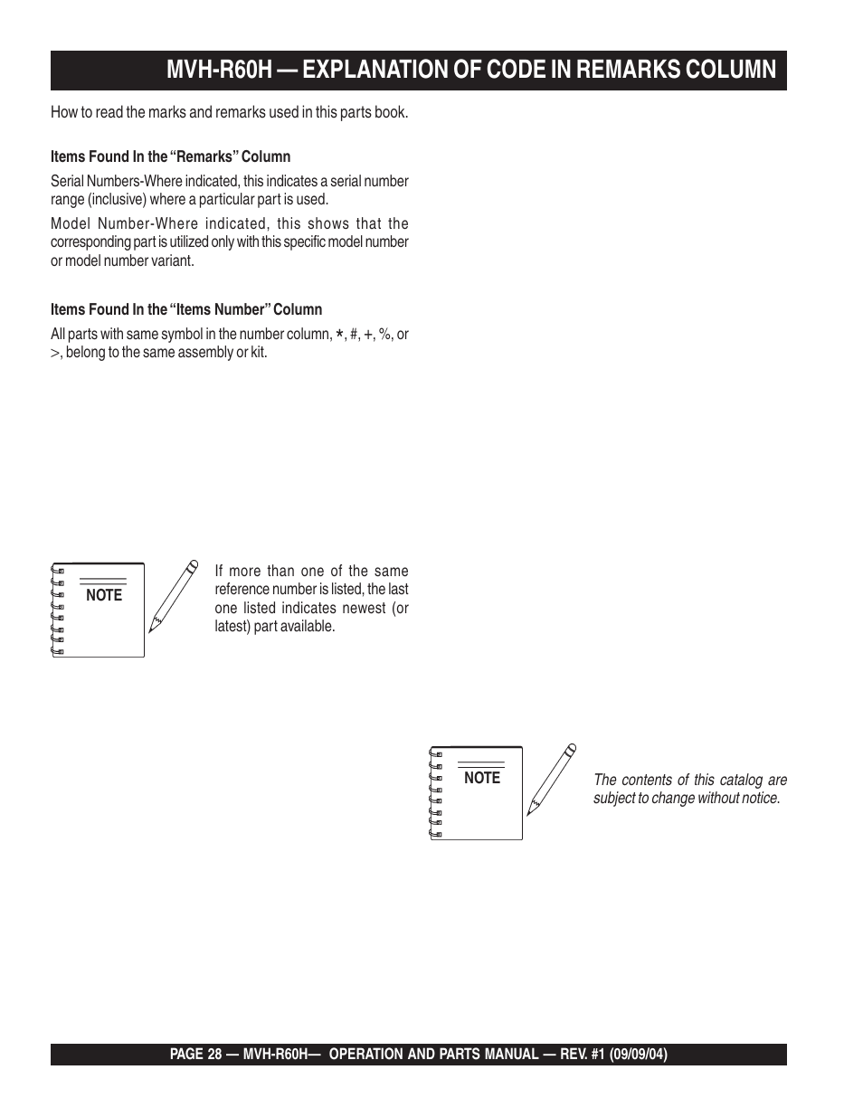 Lmvh-r60h — explanation of code in remarks column | Multiquip Mikasa Reversable Plate Compator MVH-R60H User Manual | Page 28 / 80