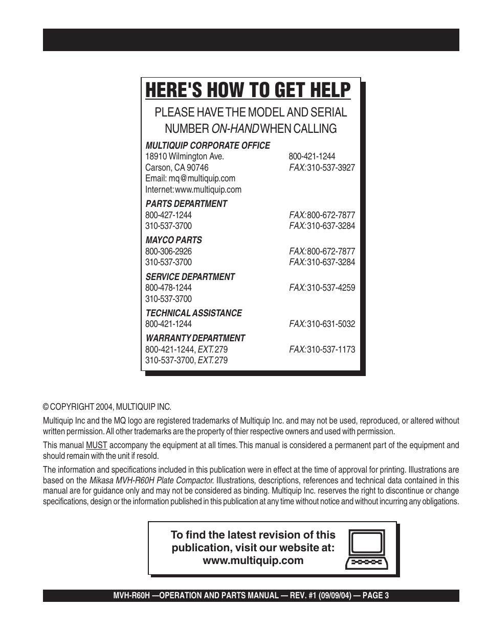 Here's how to get help, On-hand, Please have the model and serial number | When calling | Multiquip Mikasa Reversable Plate Compator MVH-R60H User Manual | Page 3 / 80