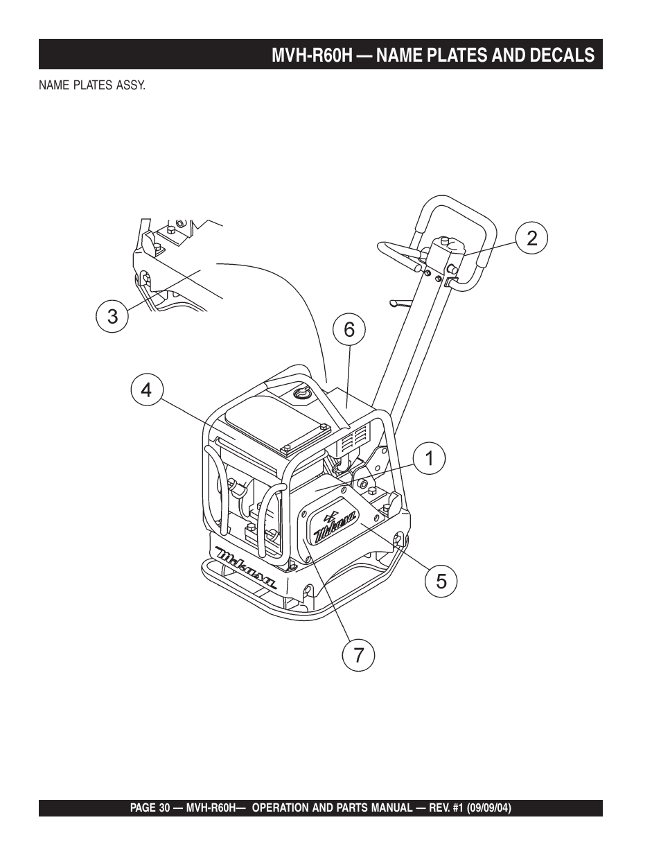 Mvh-r60h — name plates and decals | Multiquip Mikasa Reversable Plate Compator MVH-R60H User Manual | Page 30 / 80