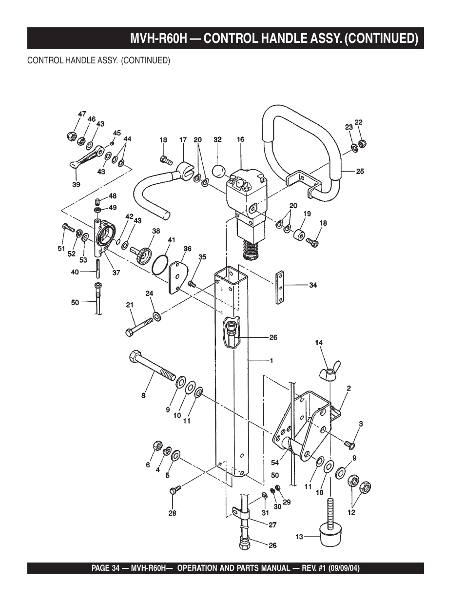 Lmvh-r60h — control handle assy. (continued) | Multiquip Mikasa Reversable Plate Compator MVH-R60H User Manual | Page 34 / 80