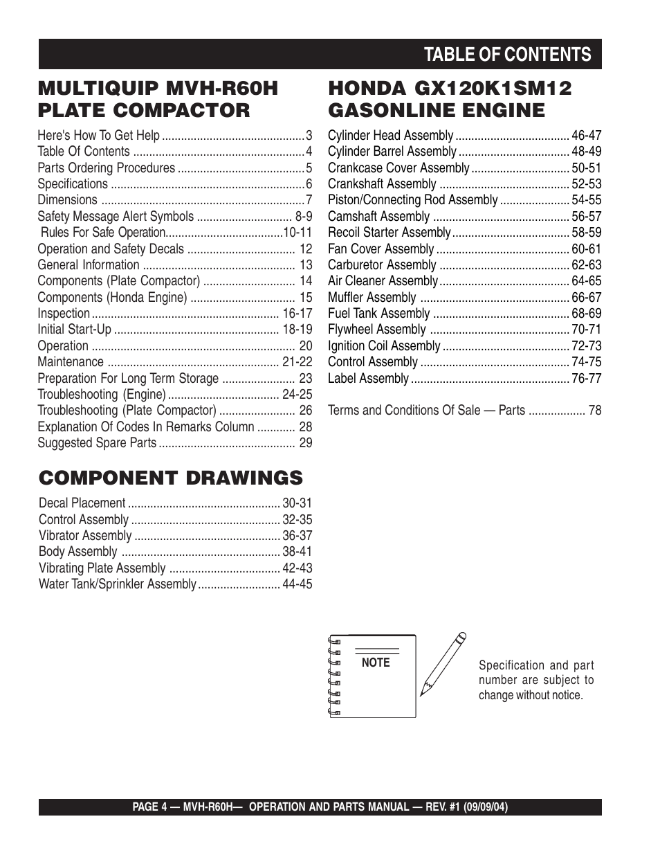 Ltable of contents, Multiquip mvh-r60h plate compactor, Component drawings | Multiquip Mikasa Reversable Plate Compator MVH-R60H User Manual | Page 4 / 80