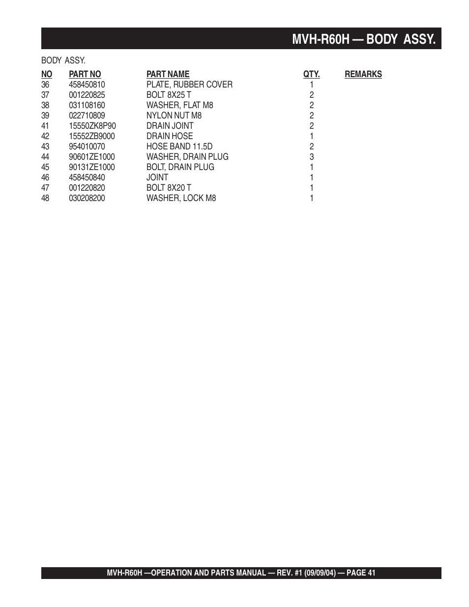 Mvh-r60h — body assy | Multiquip Mikasa Reversable Plate Compator MVH-R60H User Manual | Page 41 / 80