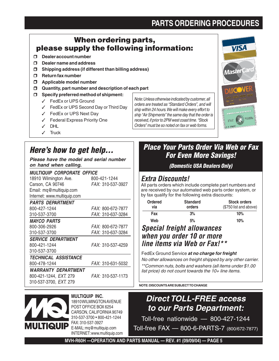 Parts ordering procedures, Direct toll-free access to our parts department, Here’s how to get help | Extra discounts | Multiquip Mikasa Reversable Plate Compator MVH-R60H User Manual | Page 5 / 80