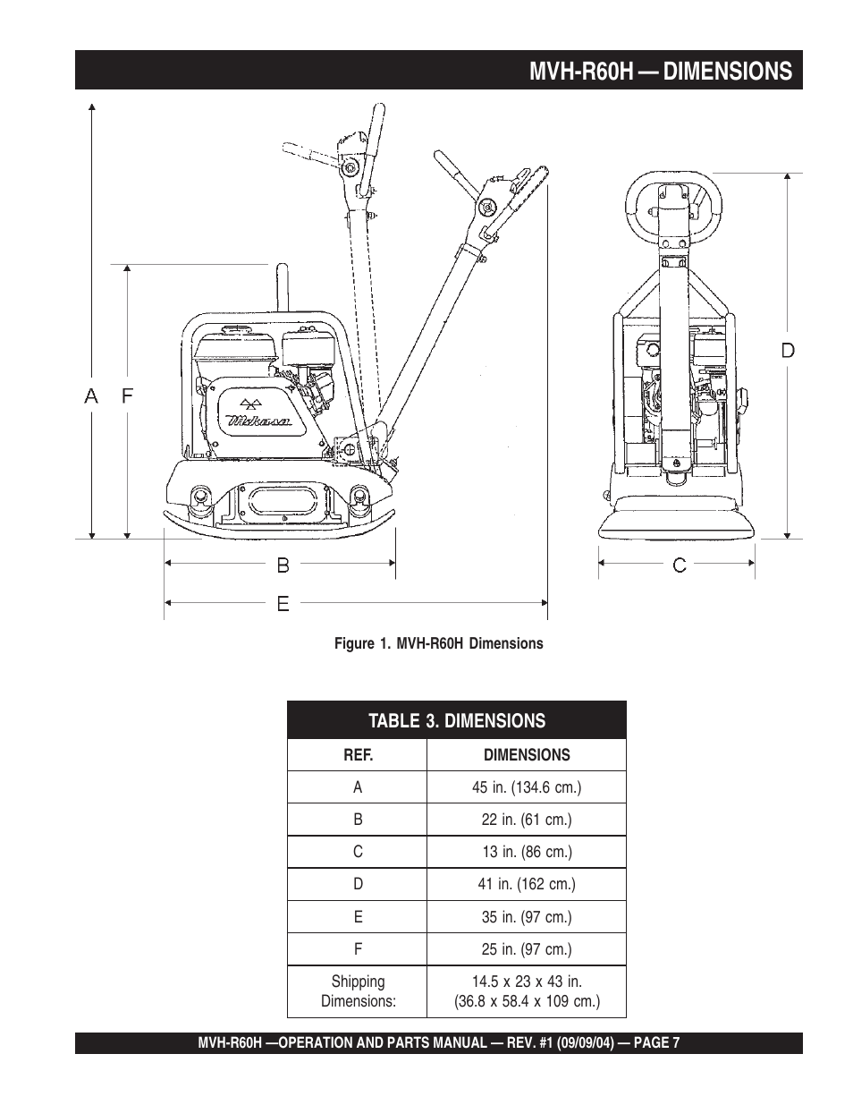 Mvh-r60h — dimensions | Multiquip Mikasa Reversable Plate Compator MVH-R60H User Manual | Page 7 / 80