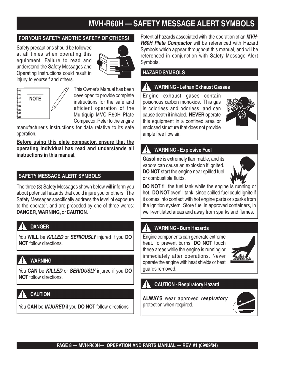 Mvh-r60h — safety message alert symbols | Multiquip Mikasa Reversable Plate Compator MVH-R60H User Manual | Page 8 / 80