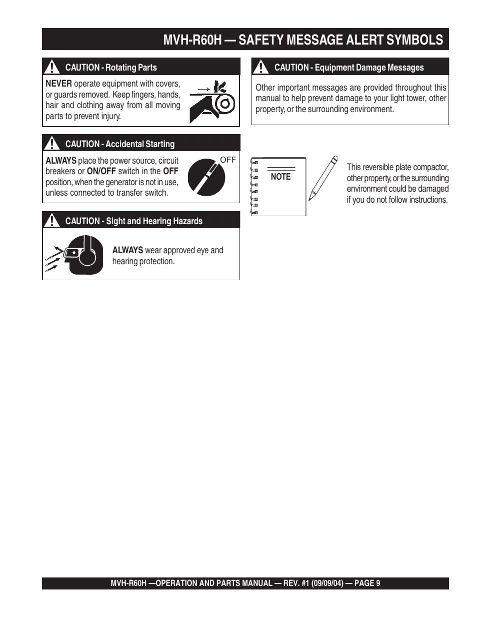 Mvh-r60h — safety message alert symbols | Multiquip Mikasa Reversable Plate Compator MVH-R60H User Manual | Page 9 / 80