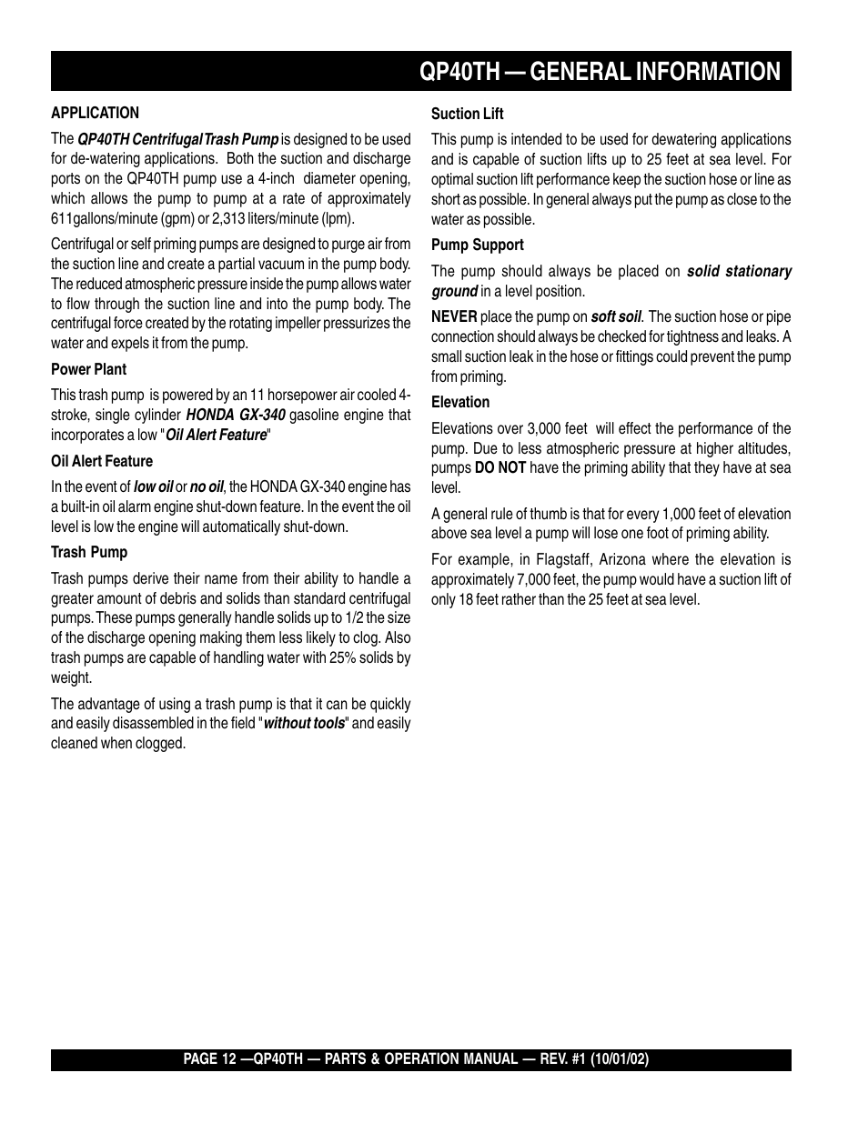 Qp40th — general information | Multiquip GAS POWERED TRASH PUMP QP40TH User Manual | Page 12 / 70