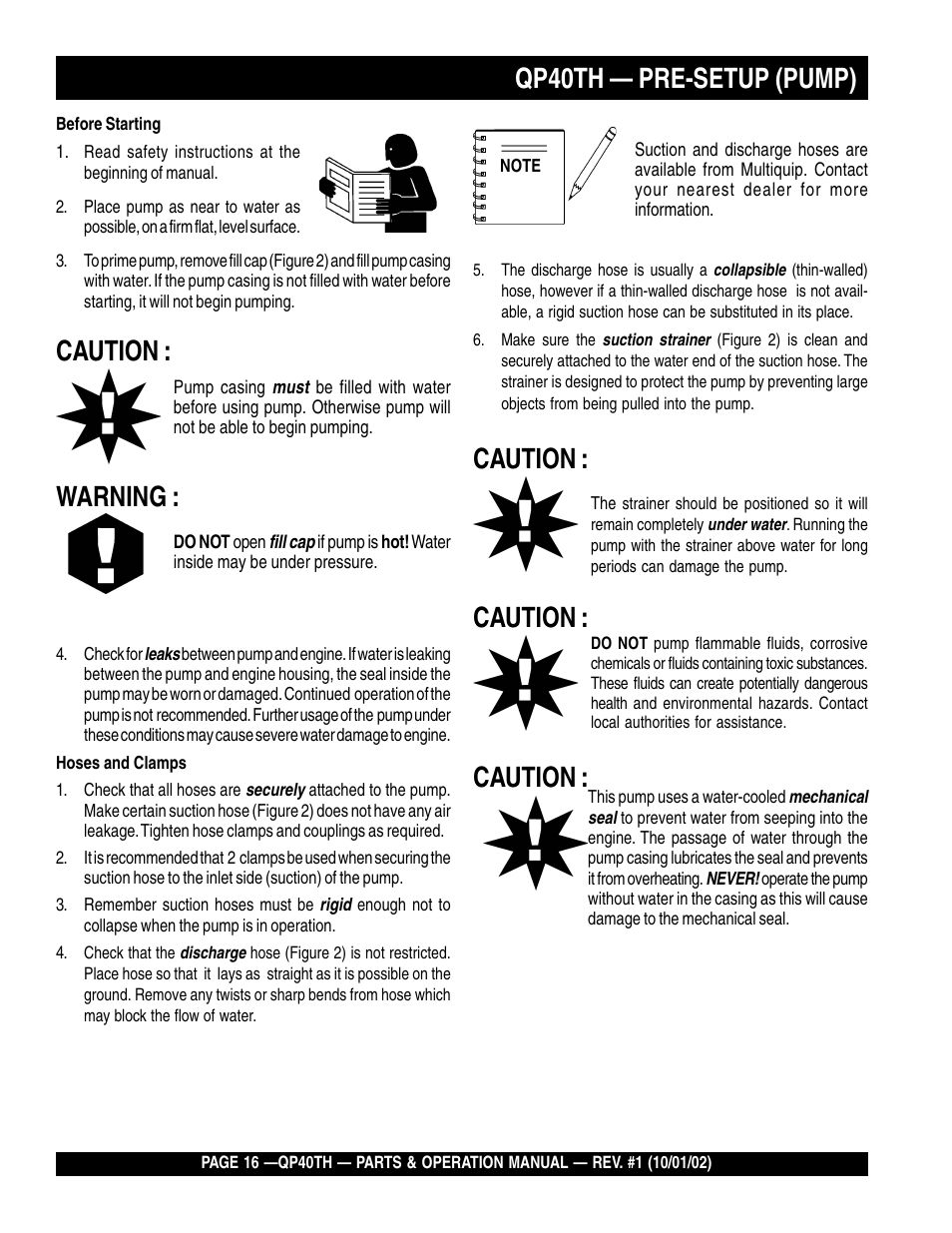 Qp40th — pre-setup (pump), Caution, Warning | Multiquip GAS POWERED TRASH PUMP QP40TH User Manual | Page 16 / 70