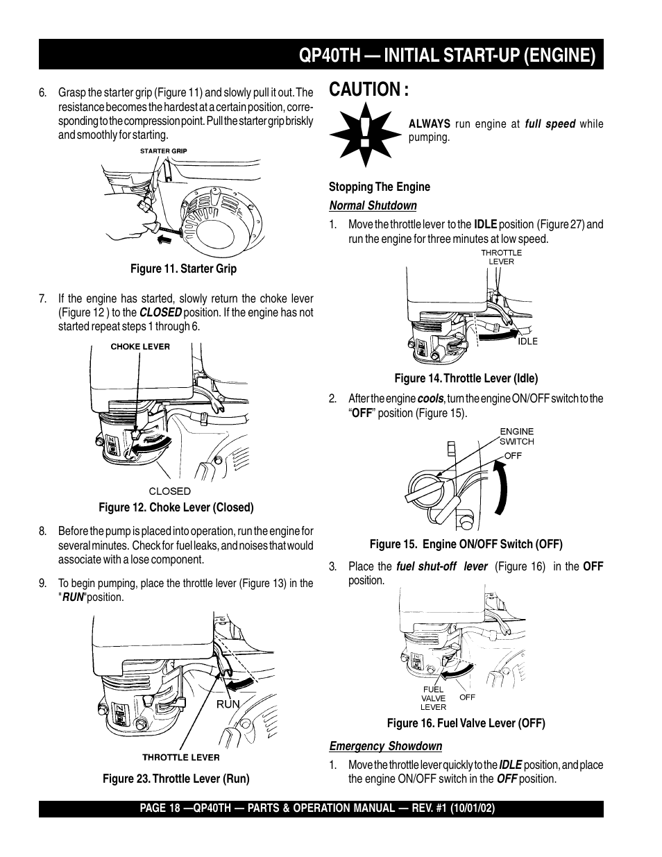 Qp40th — initial start-up (engine), Caution | Multiquip GAS POWERED TRASH PUMP QP40TH User Manual | Page 18 / 70