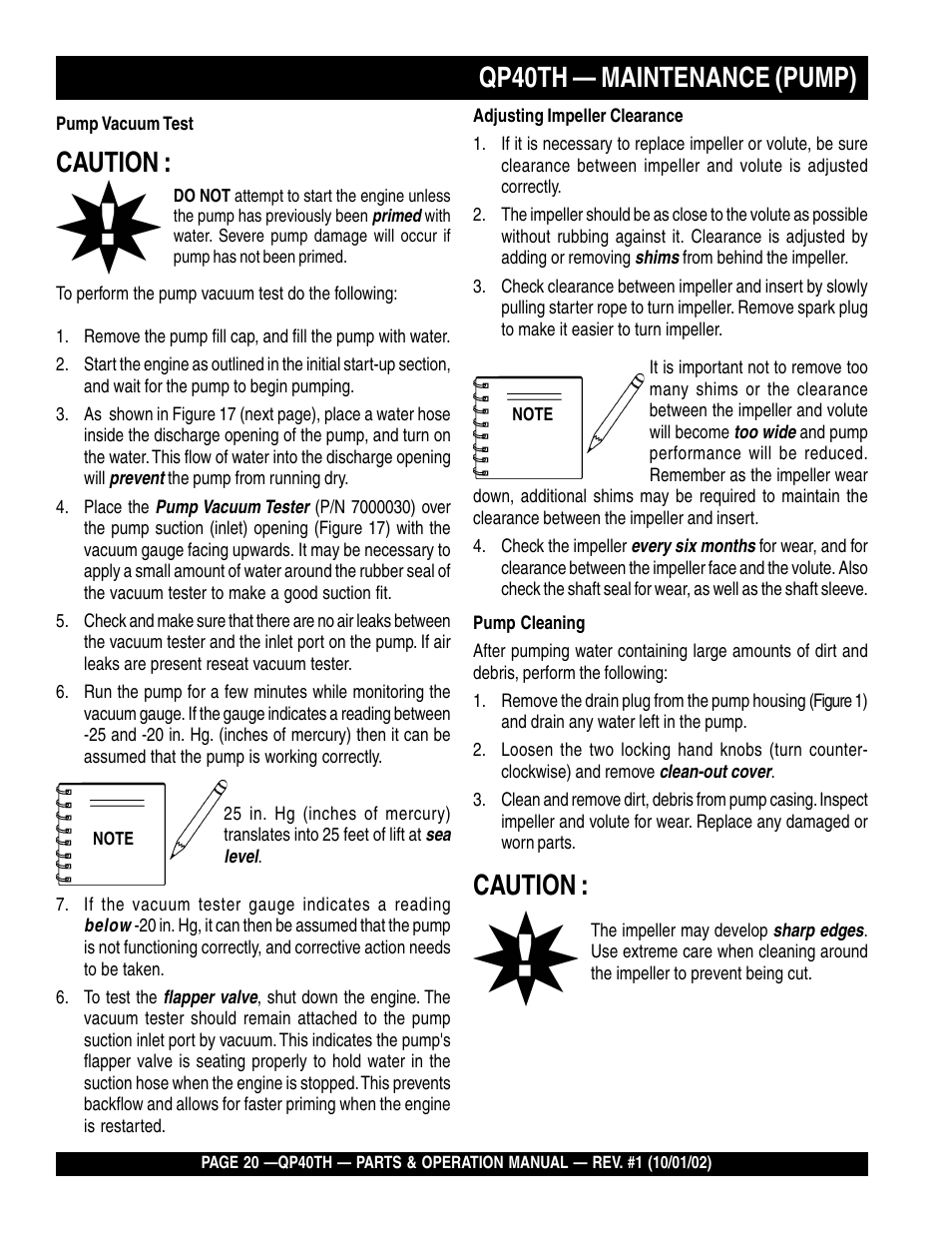 Qp40th — maintenance (pump), Caution | Multiquip GAS POWERED TRASH PUMP QP40TH User Manual | Page 20 / 70